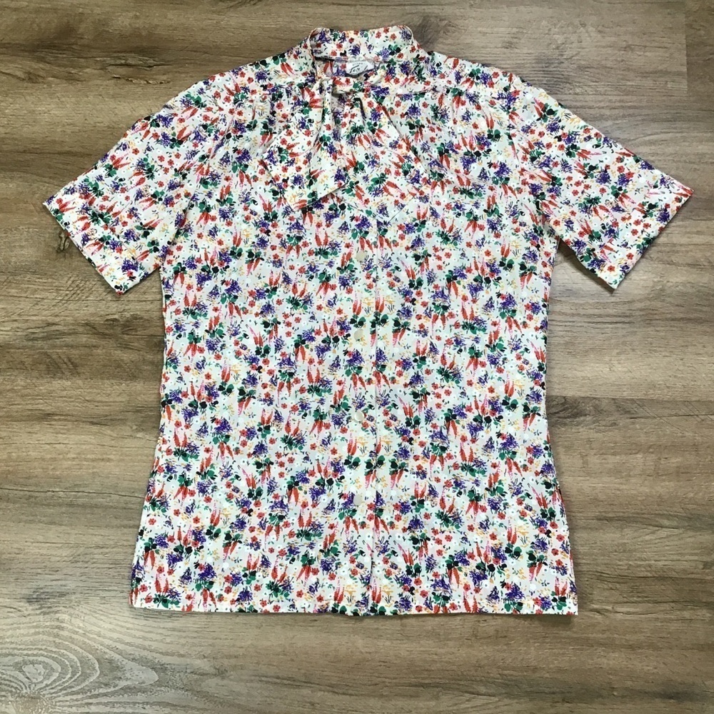 VTG Blouse Size M Granny Bow Button Down Shirt Floral Print White Multicolor